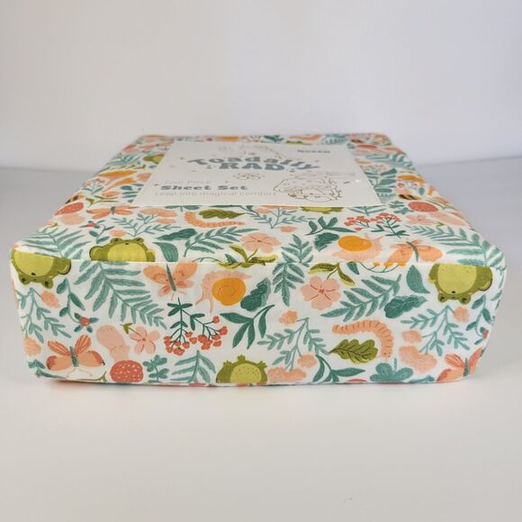 Toadally Rad 4pc QUEEN Sheet Set Green Frogs Mushrooms Peach Snails Worms Bees - Picture 7 of 9